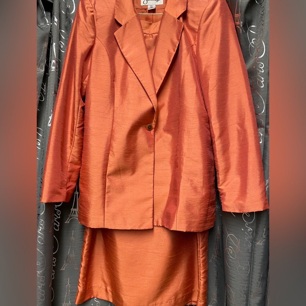 Jonathan Logan suit, size 14 calf length skirt/blazer. 100%polytaffeta. Dryclean